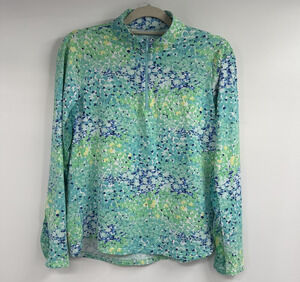 Icikuls Pixel Mosaic 1/4 Zip Golf Shirt Women M Green Long Sleeve Mesh Mock Neck